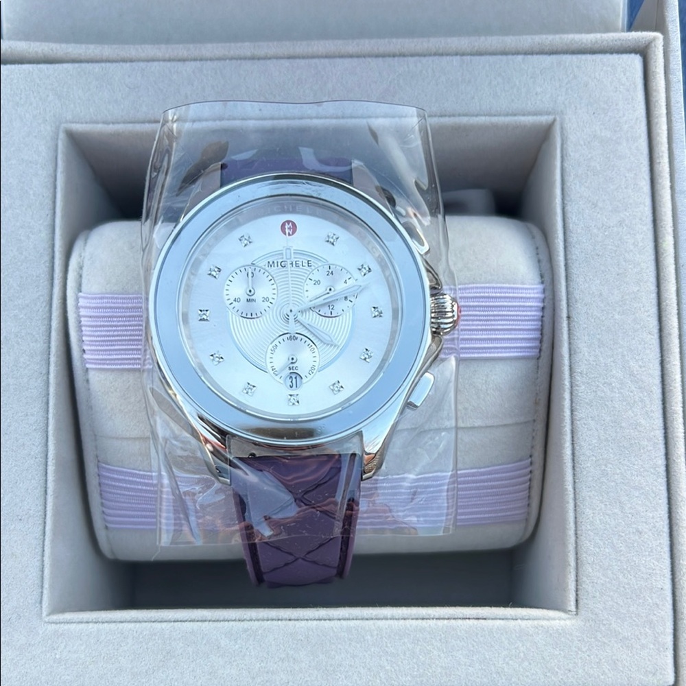 Michele Silver Watch with Purple Strap